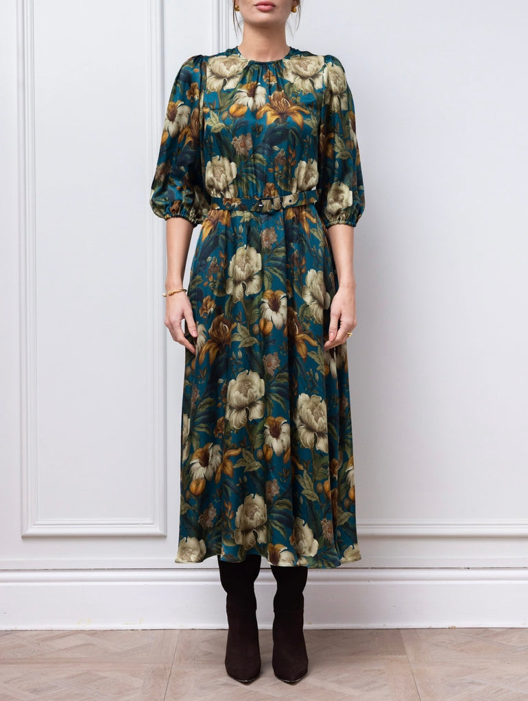 Claire Mischevani Eira dress in teal floral, front view with matching belt
