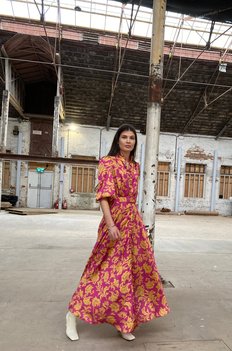 magenta and gold dress Magenta and gold vintage ball gown with sleeves